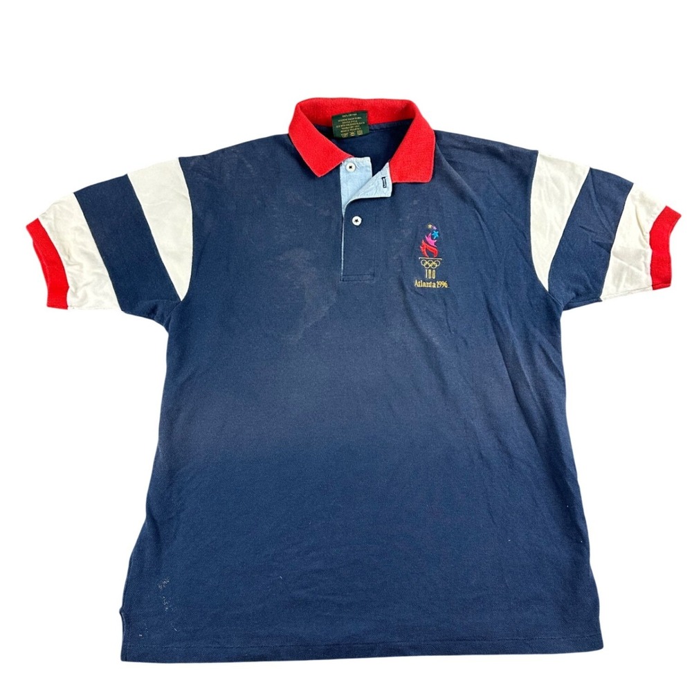 Vintage Olympic Games Hanes Polo Shirt Medium Blue Atlanta 1996 USA Made Cotton